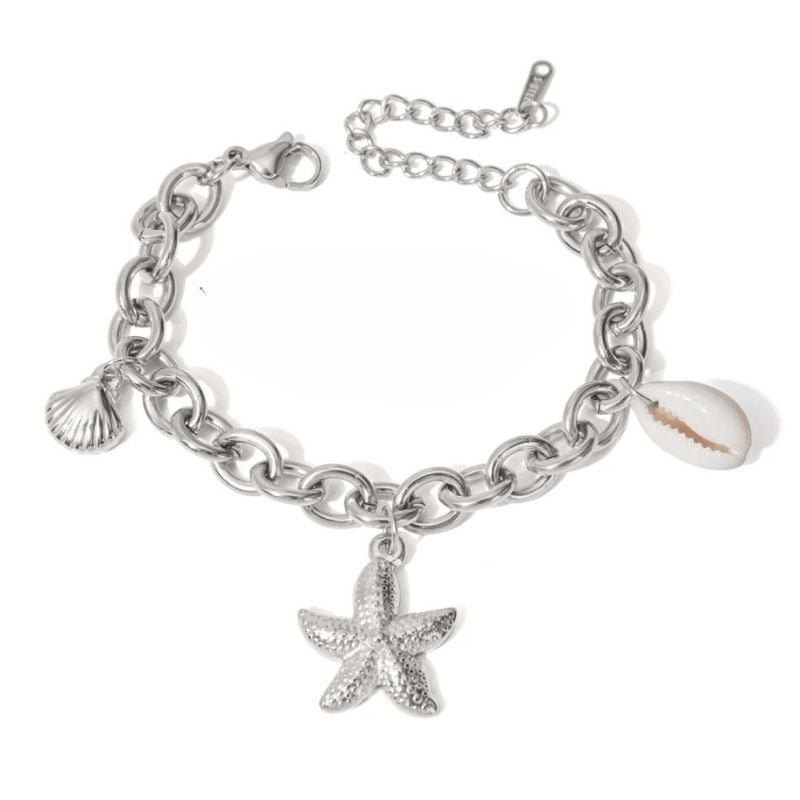 Pulsera de cadena con forma de estrella de mar y cola de pez en oro 18k