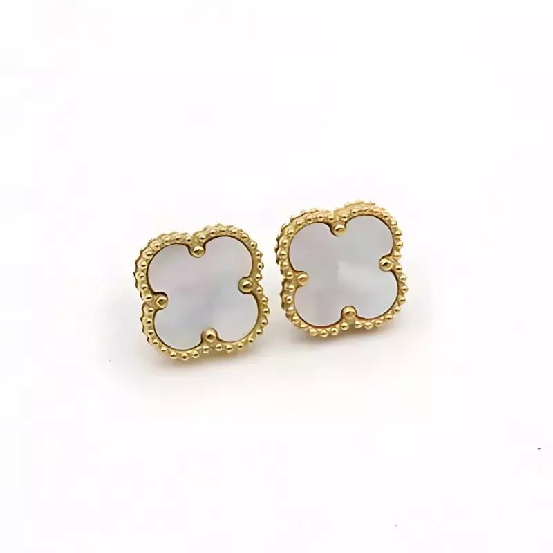 pedientes aretes trebol 4 hojas en oro 18k madre perla - branco