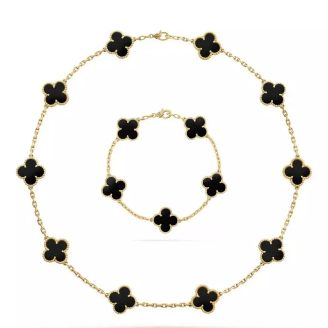 Conjunto Trébol 4 hojas Collar Choker y Pulsera negro