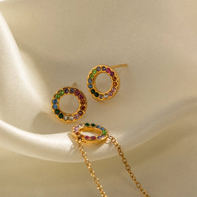 Conjunto de Collar y Pendientes Redondos con Circonitas de Colores